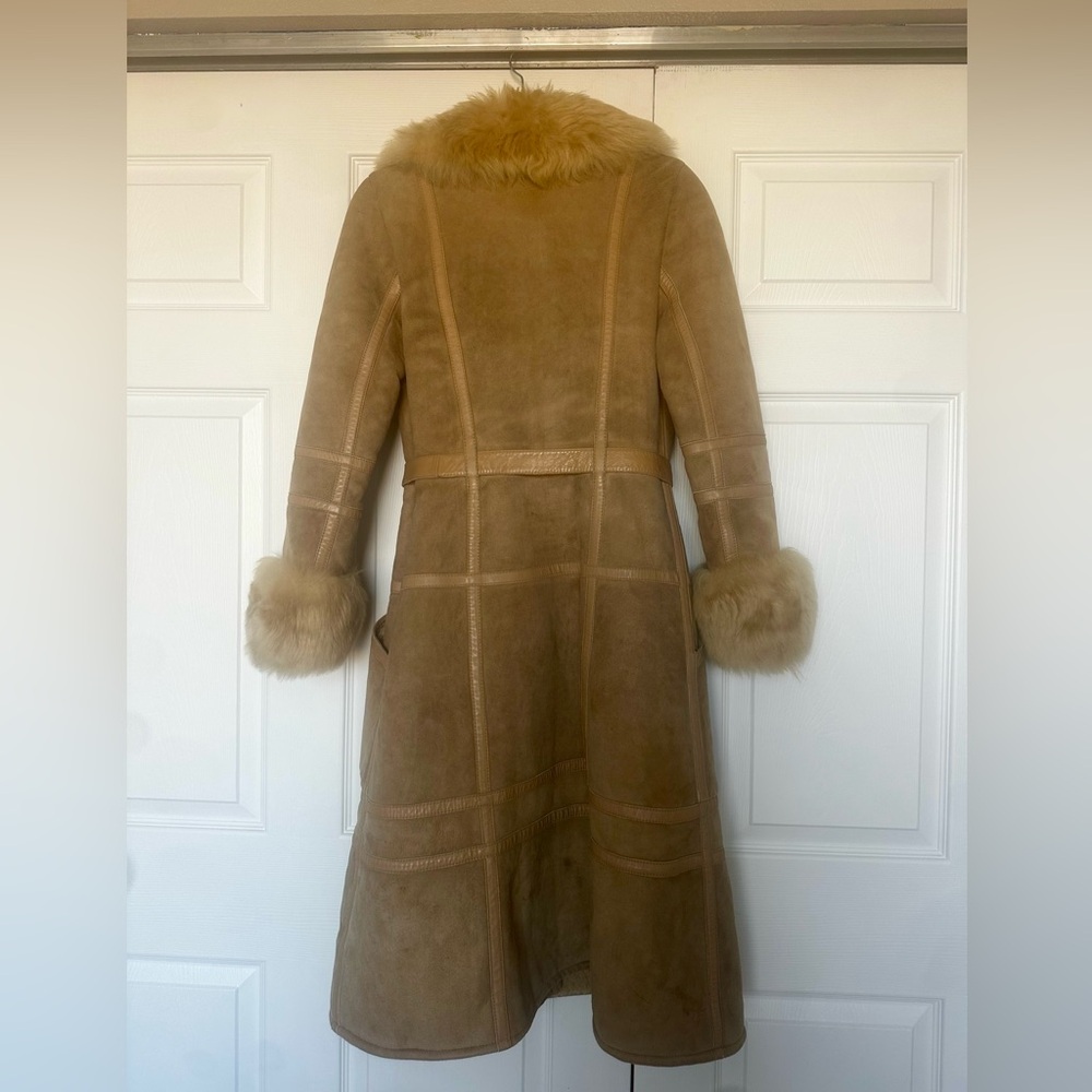 Penny Lane French Shearling Fur Vintage Suede Trench Coat with Leather Belt - Picture 7 of 16